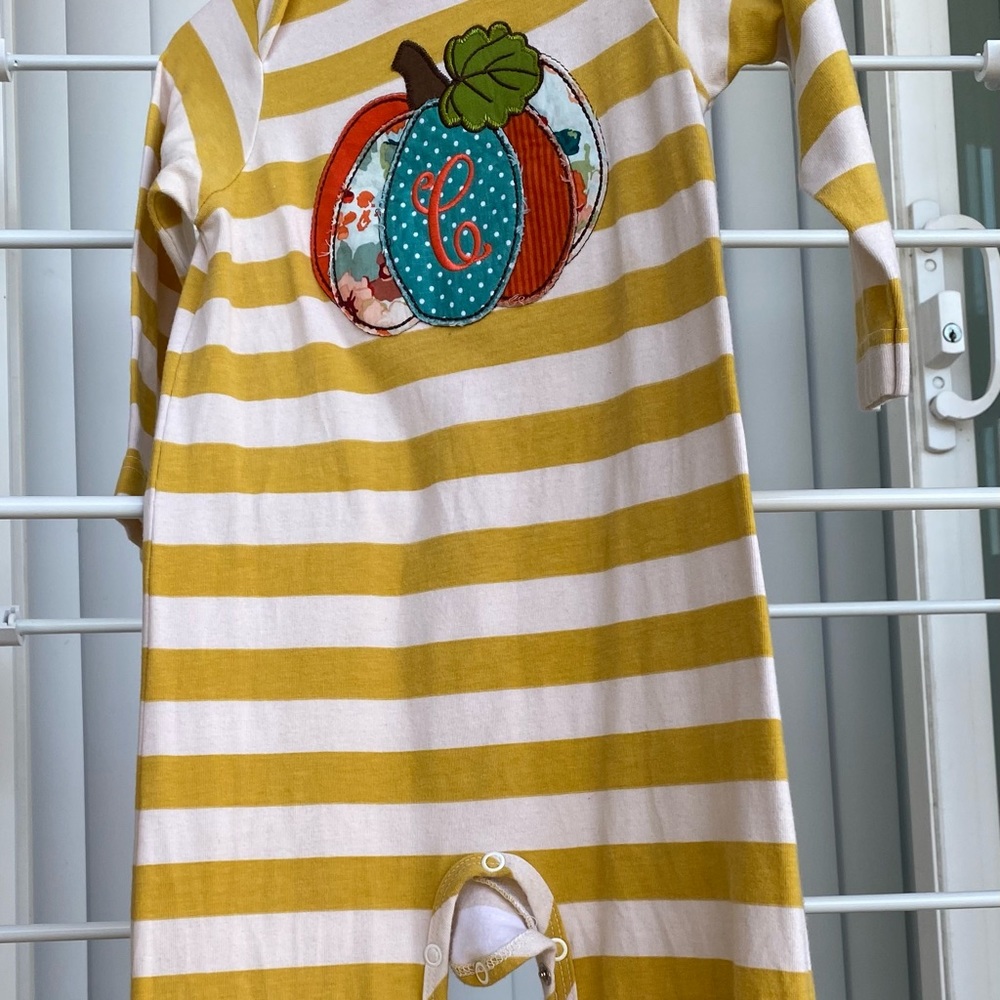 “C” Monogram Pumpkin/Fall Ricrac & Ruffles Romper
